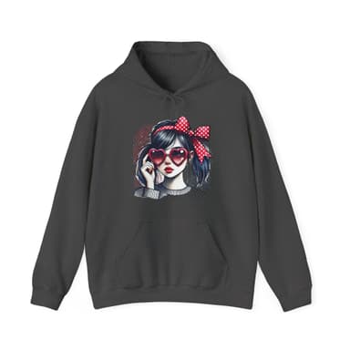 Retro Pop Art Girl Hoodie — Heart Sunglasses & Polka Dot Bow Graphic Sweatshirt
