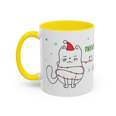 Meowy Christmas Accent Coffee Mug — Cute Cat & Decorated Tree Holiday Mug (11/15oz)