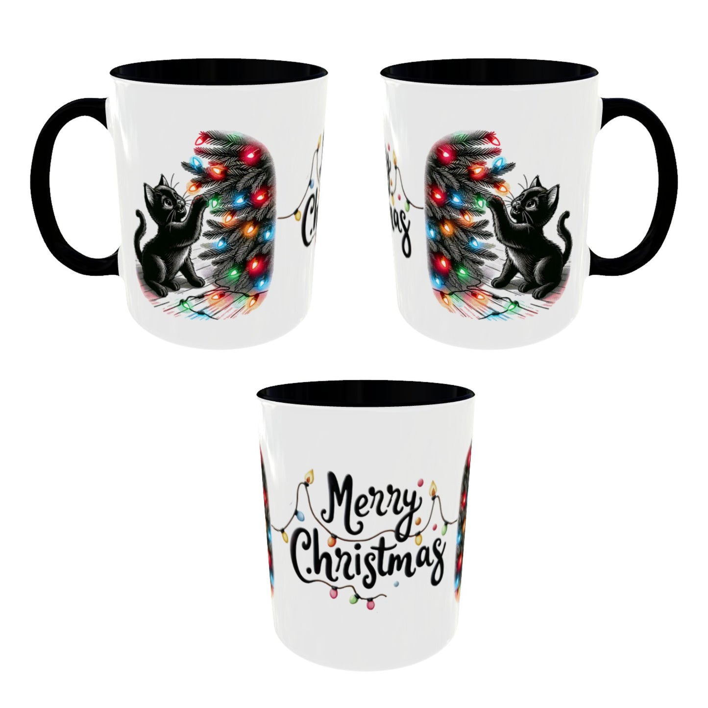Merry Christmas Cat Mug – Cute Black Cat with Christmas Lights – Holiday Coffee Cup Gift for Cat Lovers