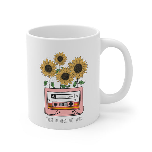 Sunflower Cassette Mug Retro Aesthetic Trust in Vibes Not Words Coffee Cup