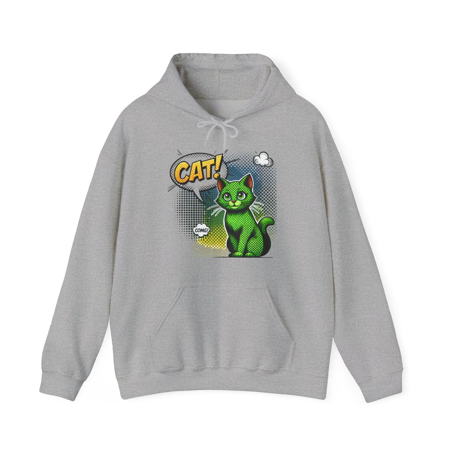 Green Comic Cat Hoodie — Retro Pop Art "CAT!" Graphic Sweatshirt