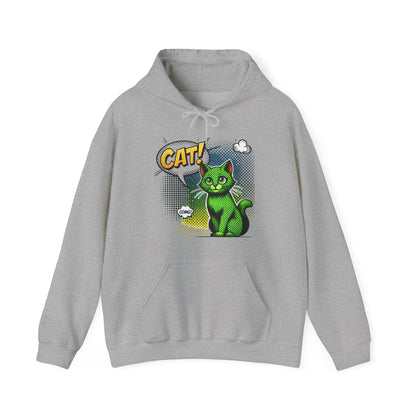 Green Comic Cat Hoodie — Retro Pop Art "CAT!" Graphic Sweatshirt