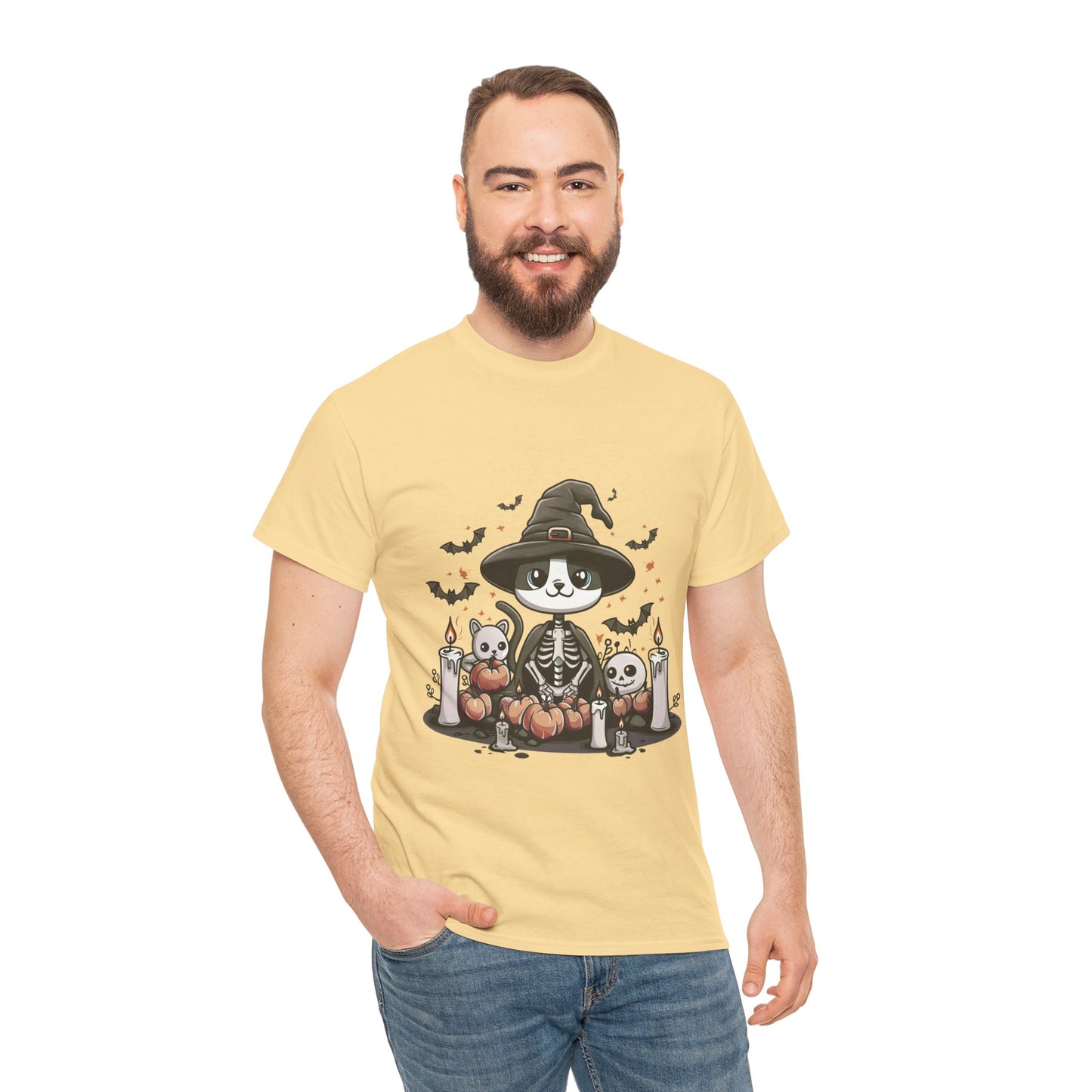Halloween Witch Cat T-Shirt – Cute Skeleton Cat with Pumpkins & Candles