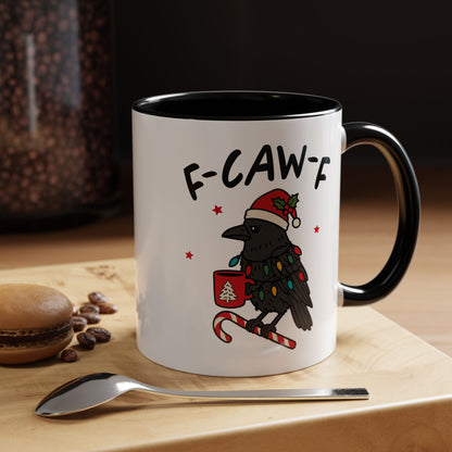 Funny Crow Christmas Mug – F-Caw-F Holiday Crow Cup – Cute Raven Coffee Mug with Lights & Santa Hat