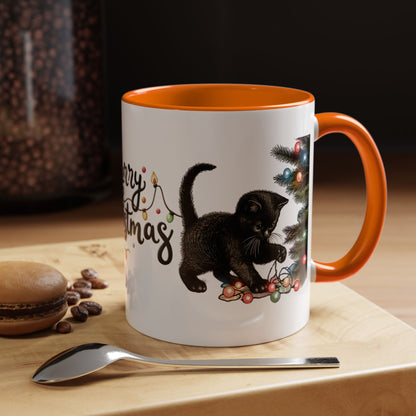 Merry Christmas Black Cat Mug – Cute Holiday Lights Cat Coffee Cup – Perfect Gift for Cat Lovers