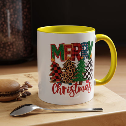 Merry Christmas Accent Coffee Mug — Festive Plaid, Leopard & Pine Tree Holiday Design
