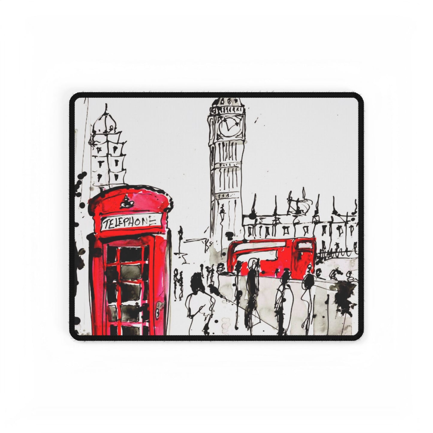 London Scene Desk Mat — Red Telephone Box & Bus Illustration Office Mouse Pad