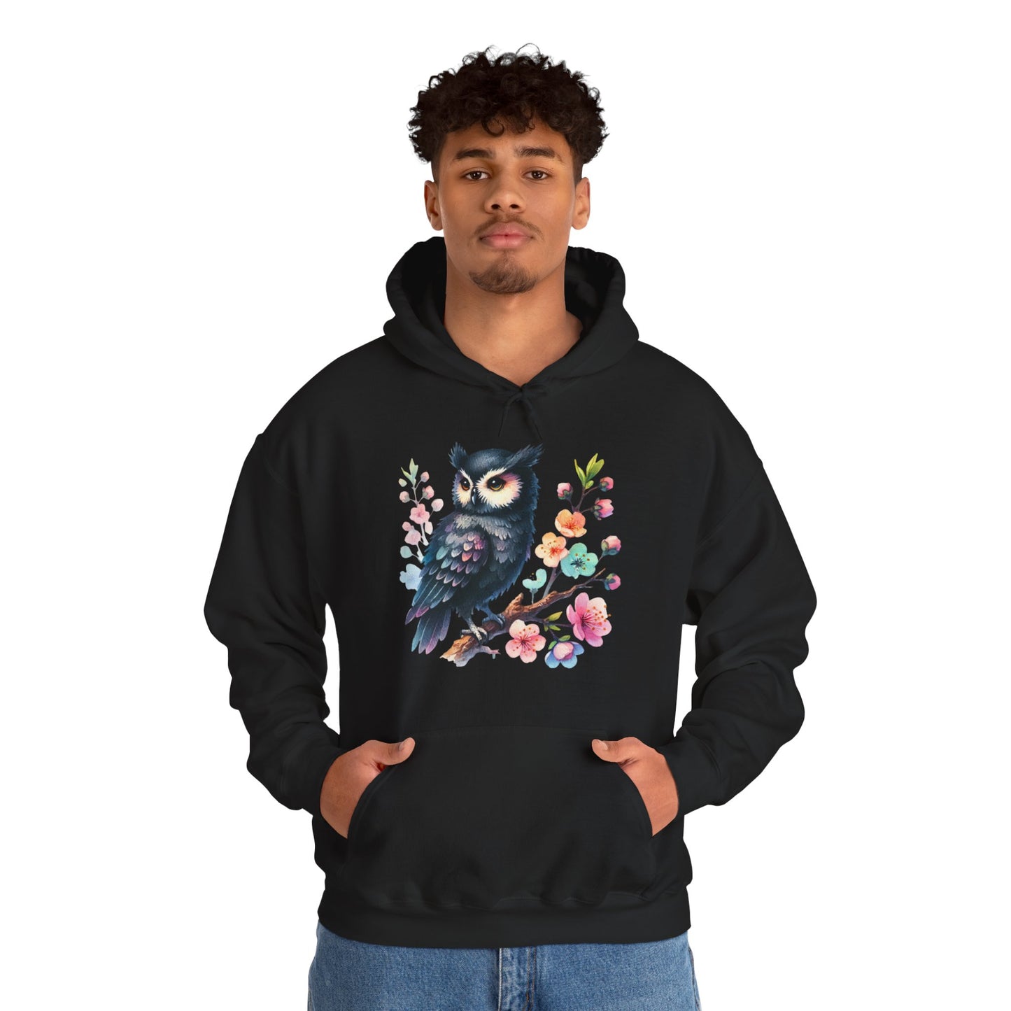 Floral Night Owl Hoodie – Watercolor Owl & Blossom Pullover