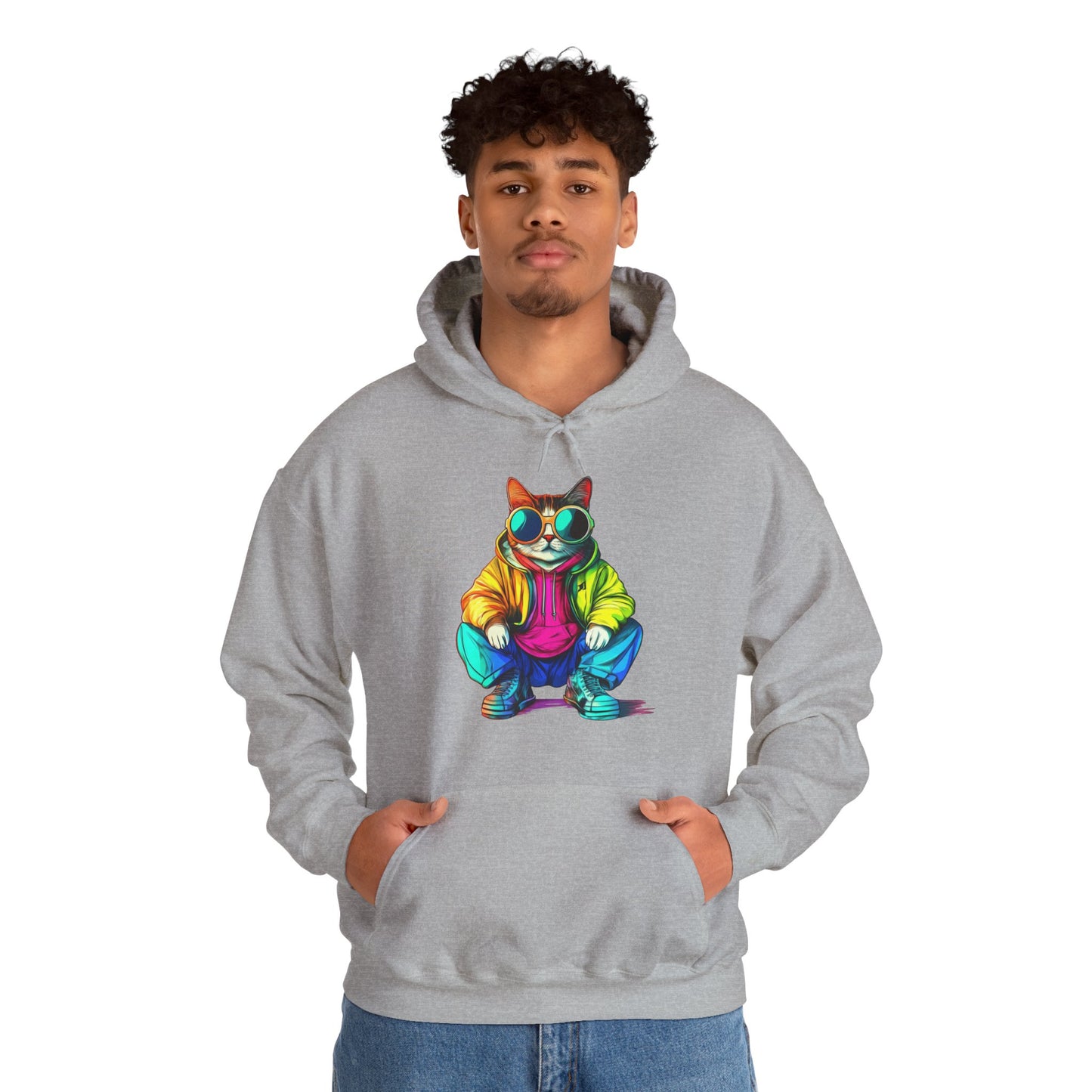 Colorful Retro Cat Hoodie — Vibrant Sunglasses Cat Pullover
