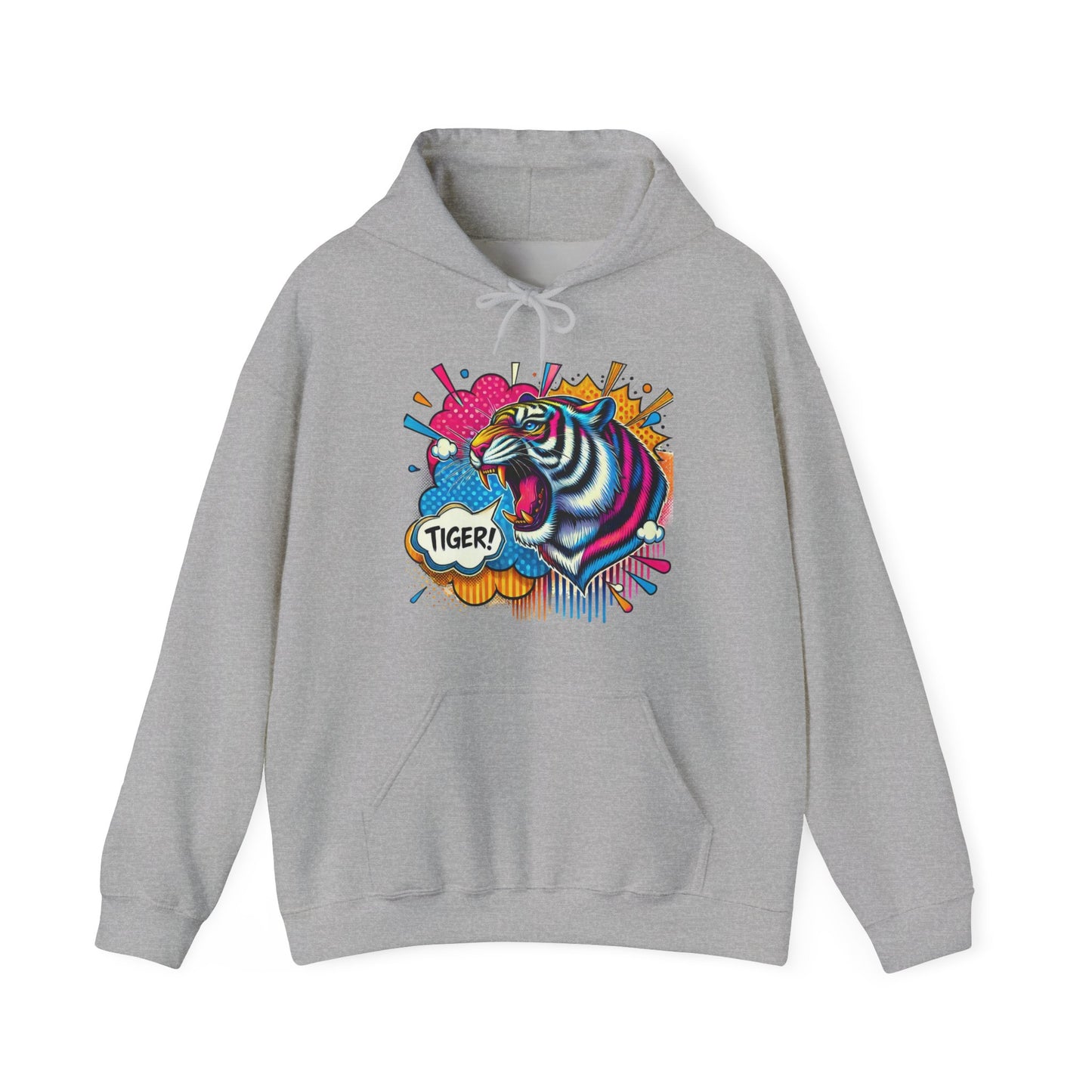 Colorful Pop Art Tiger Hoodie – "TIGER!" Graphic Pullover