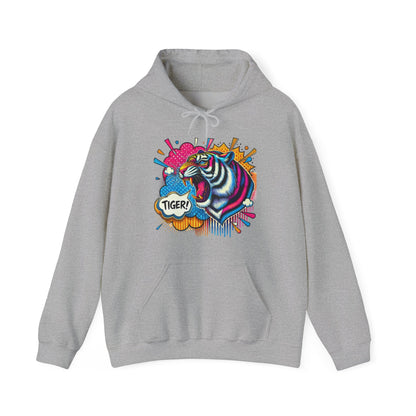 Colorful Pop Art Tiger Hoodie – "TIGER!" Graphic Pullover