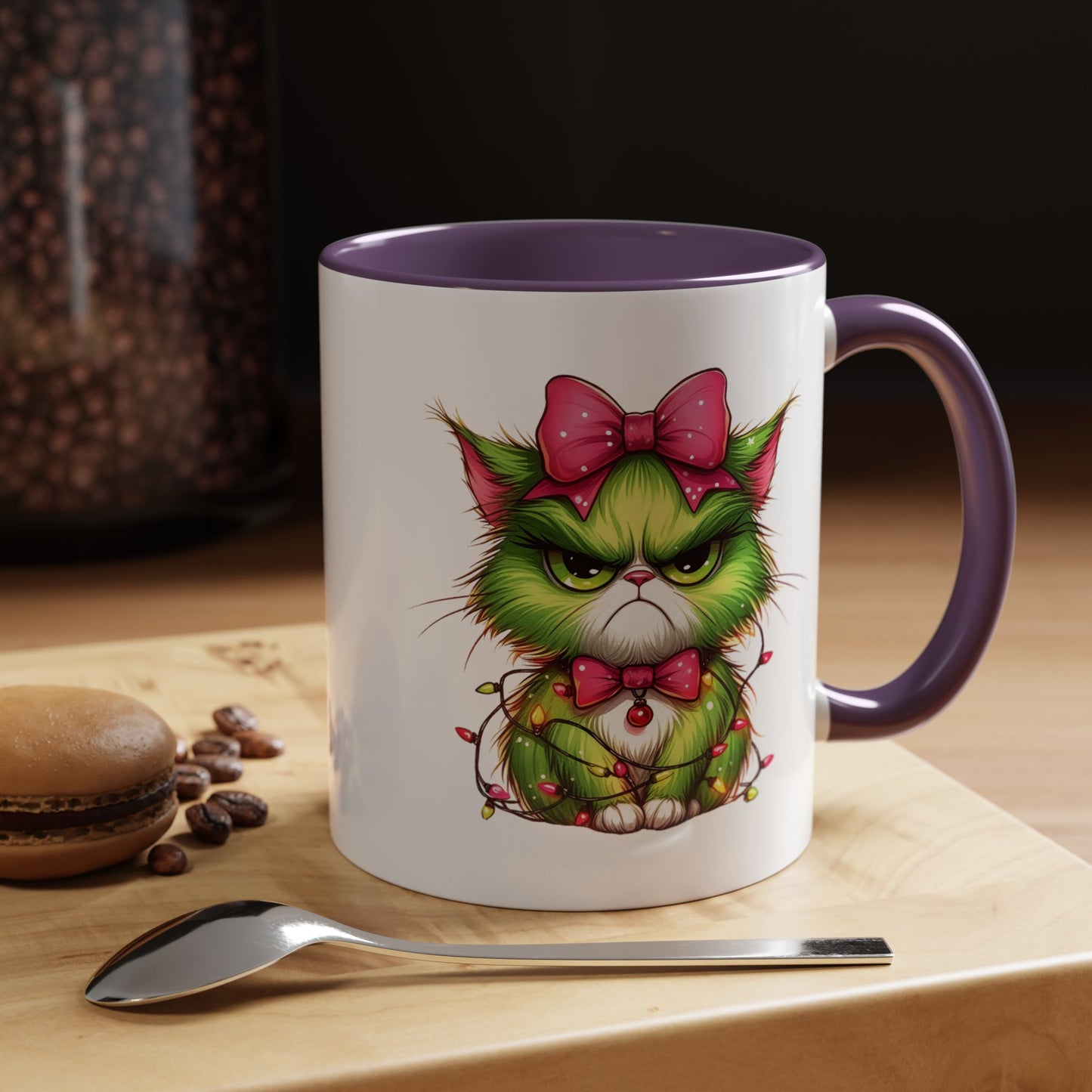 Christmas Grumpy Cat Accent Coffee Mug — Cute Green Kitty with Bow & Holiday Lights (11/15 oz)