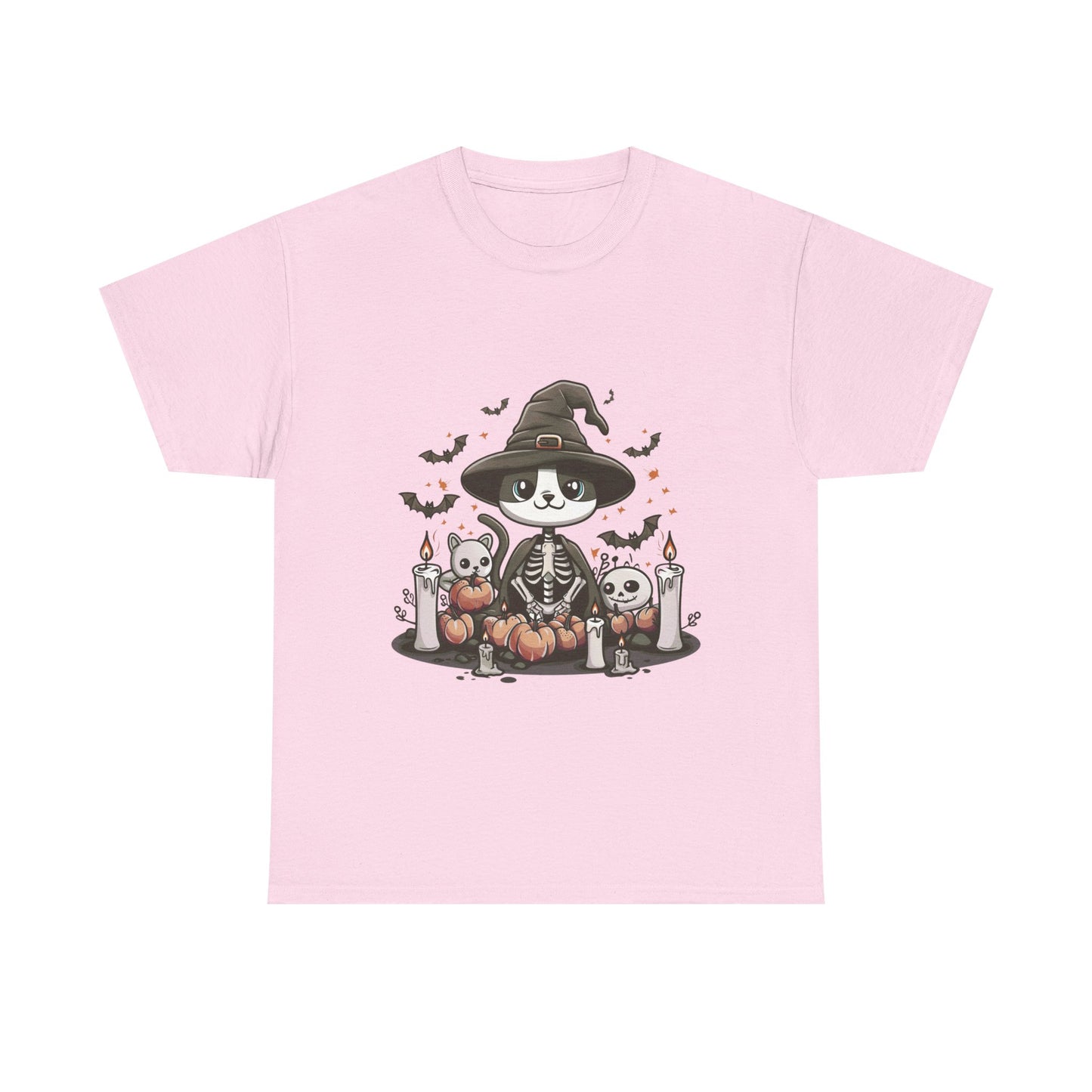 Halloween Witch Cat T-Shirt – Cute Skeleton Cat with Pumpkins & Candles