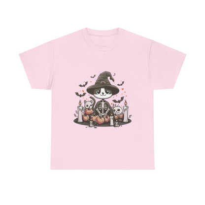 Halloween Witch Cat T-Shirt – Cute Skeleton Cat with Pumpkins & Candles