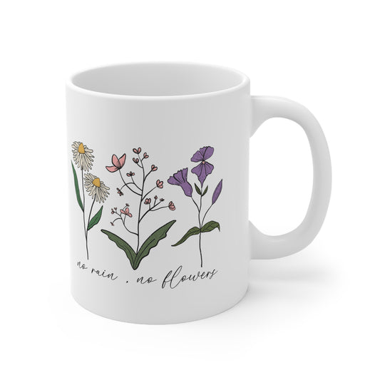 No Rain No Flowers Mug Inspirational Floral Aesthetic Positive Quote Coffee Cup