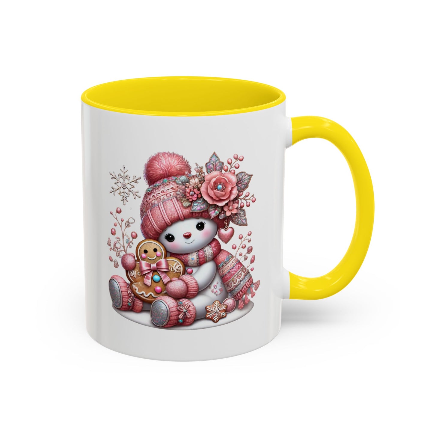 Cute Pink Snowman Coffee Mug — Holiday Winter Gingerbread Design (11/15oz)