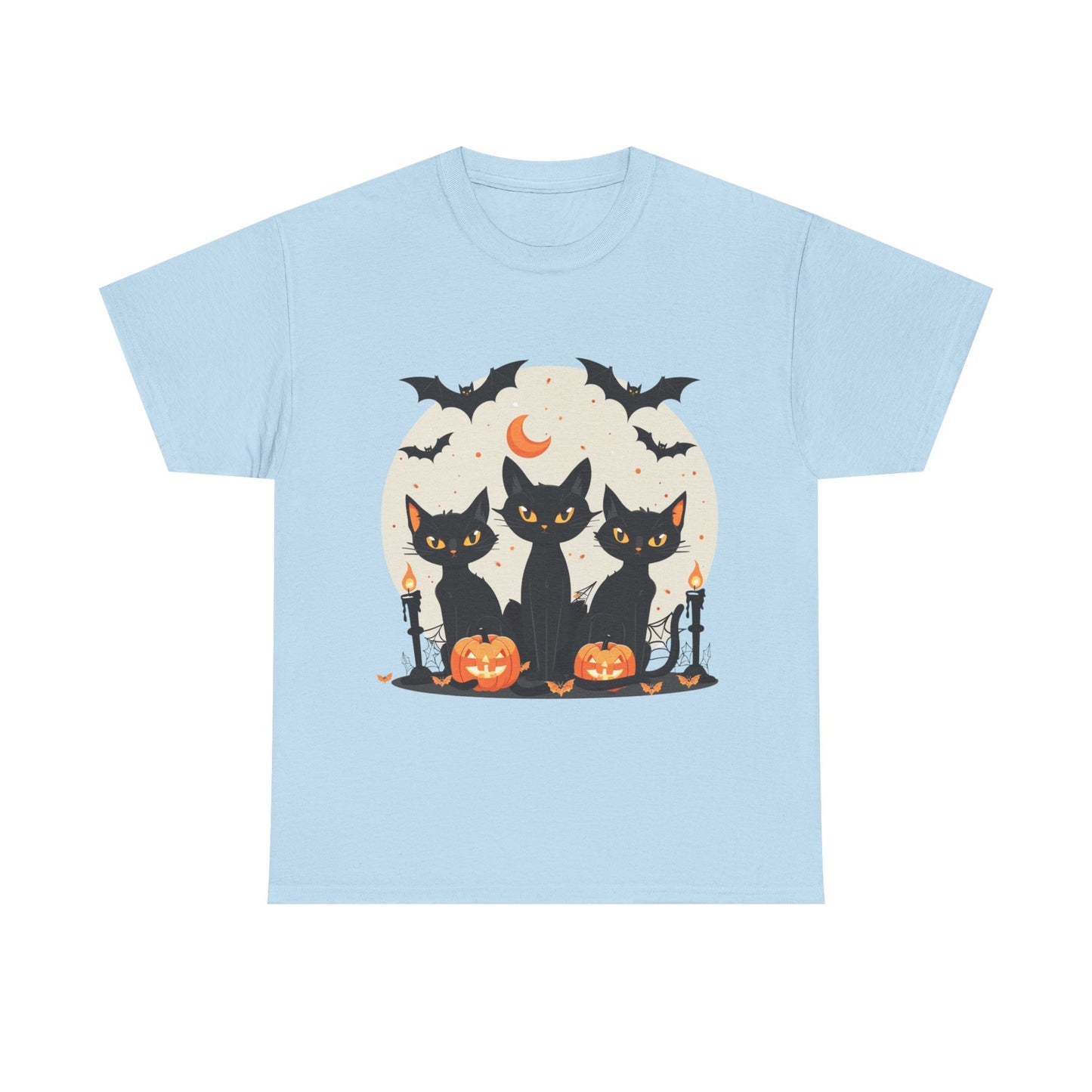 Halloween Black Cat T-Shirt – Cute Spooky Cats with Pumpkins & Bats Print