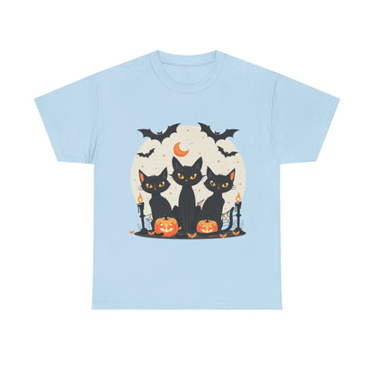Halloween Black Cat T-Shirt – Cute Spooky Cats with Pumpkins & Bats Print