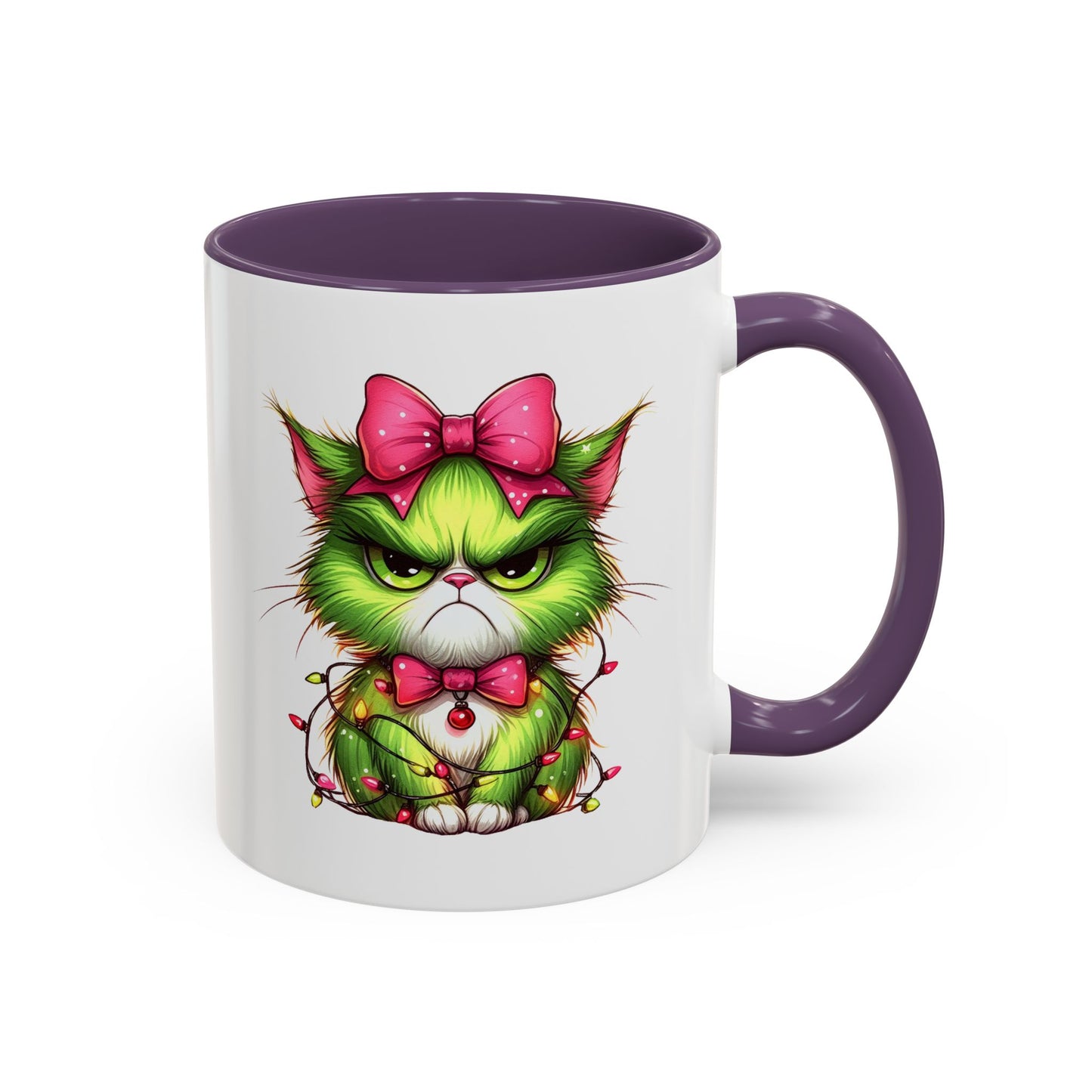 Christmas Grumpy Cat Accent Coffee Mug — Cute Green Kitty with Bow & Holiday Lights (11/15 oz)