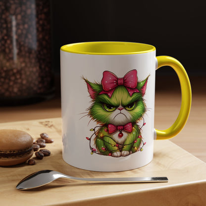 Christmas Grumpy Cat Accent Coffee Mug — Cute Green Kitty with Bow & Holiday Lights (11/15 oz)