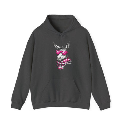 Cool Donkey Hoodie with Pink Glasses & Plaid Scarf — Cute Animal Graphic Sweatshirt