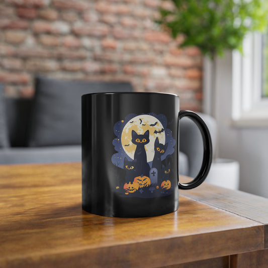 Halloween Black Cat Mug – Spooky Cats with Pumpkins & Full Moon Design
