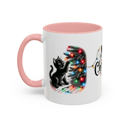 Merry Christmas Cat Mug – Cute Black Cat with Christmas Lights – Holiday Coffee Cup Gift for Cat Lovers