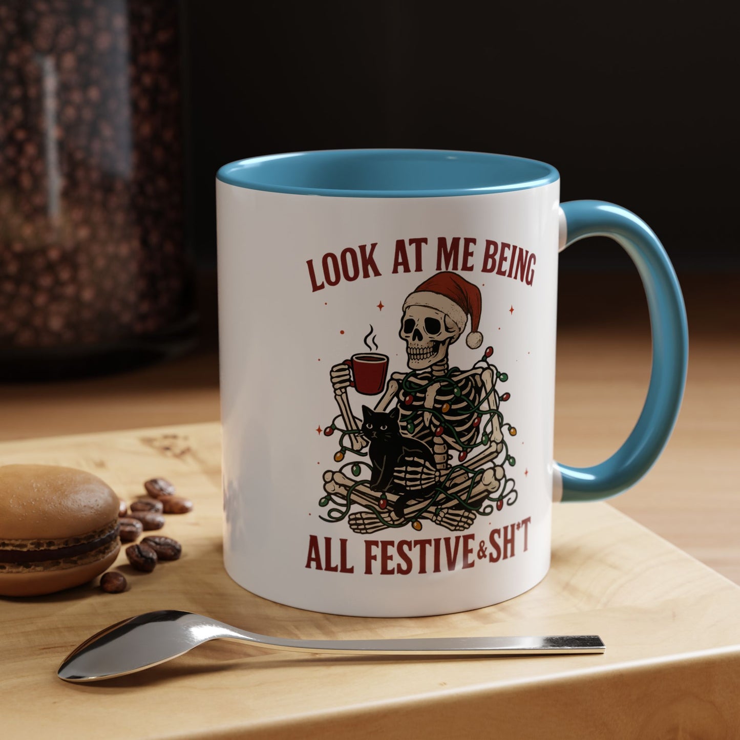 Funny Festive Skeleton Christmas Mug – Holiday Coffee Cup with Cat – Look at Me Being All Festive