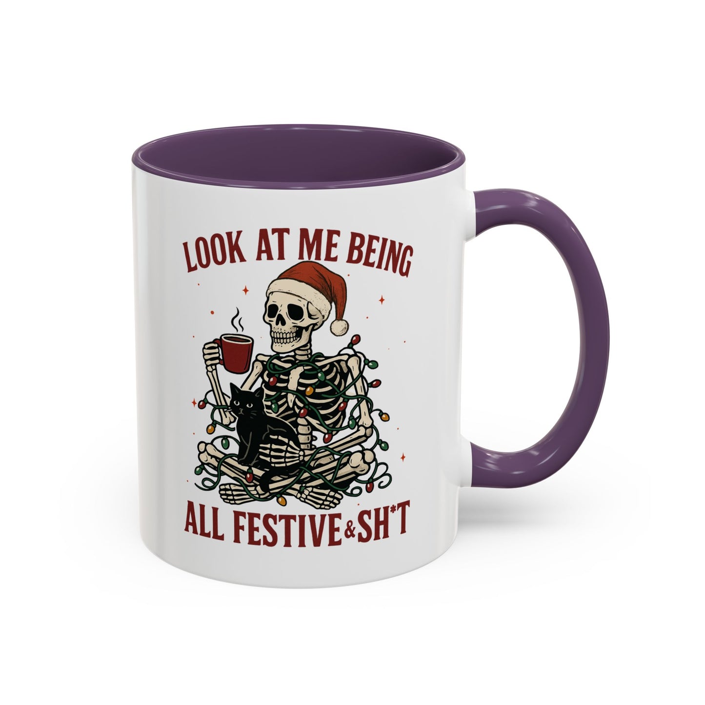 Funny Festive Skeleton Christmas Mug – Holiday Coffee Cup with Cat – Look at Me Being All Festive