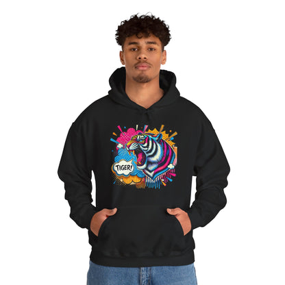 Colorful Pop Art Tiger Hoodie – "TIGER!" Graphic Pullover