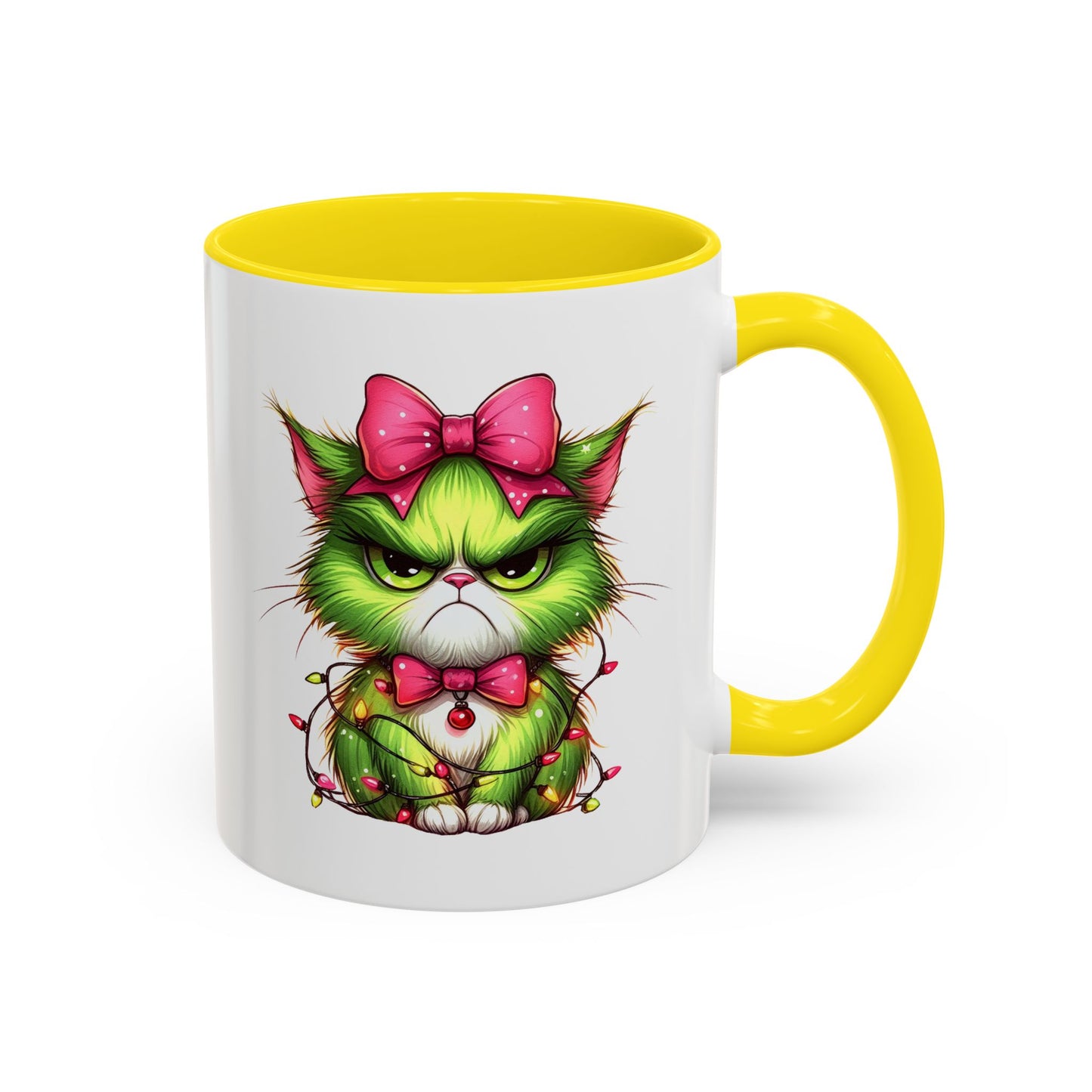 Christmas Grumpy Cat Accent Coffee Mug — Cute Green Kitty with Bow & Holiday Lights (11/15 oz)