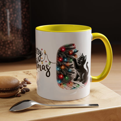 Merry Christmas Cat Mug – Cute Black Cat with Christmas Lights – Holiday Coffee Cup Gift for Cat Lovers