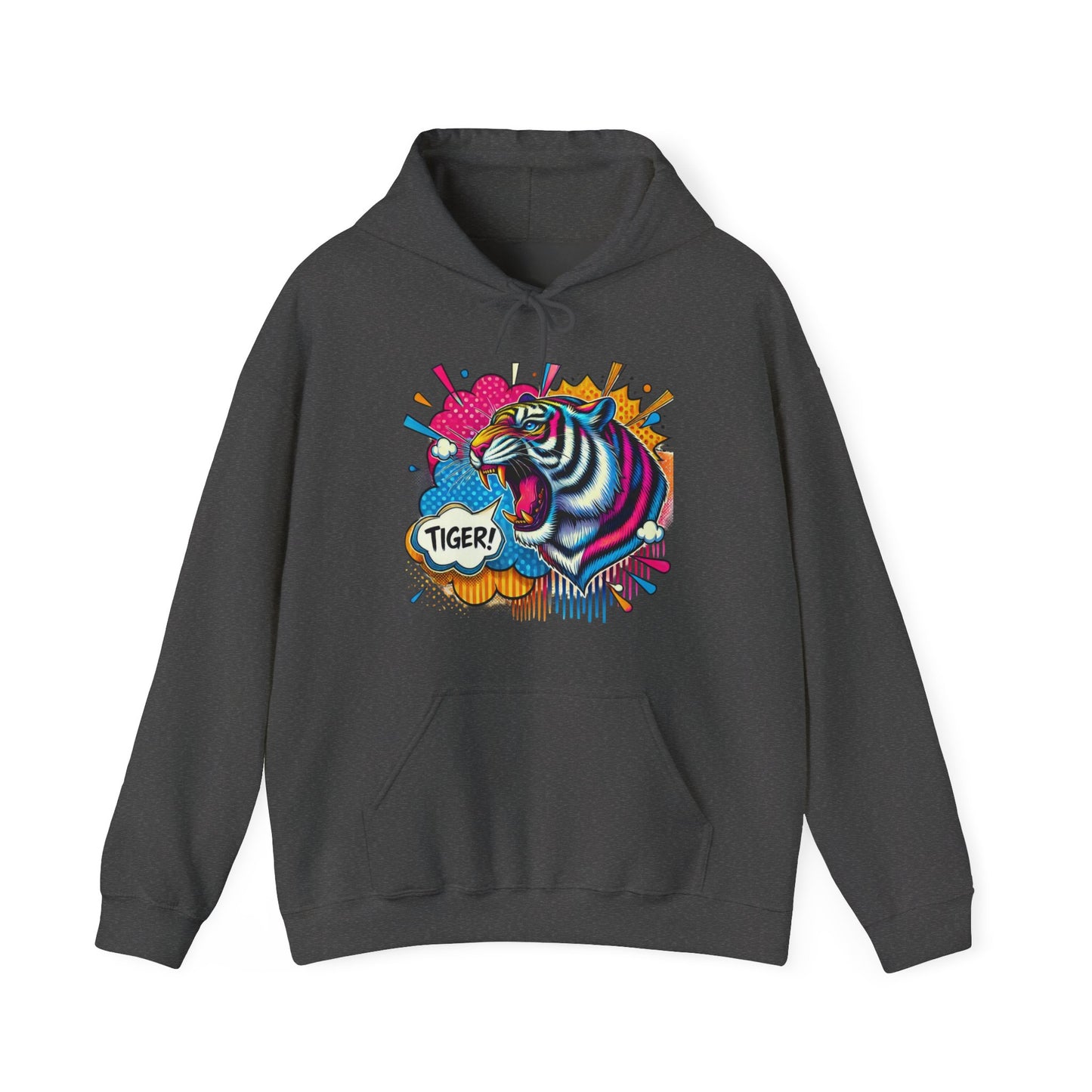 Colorful Pop Art Tiger Hoodie – "TIGER!" Graphic Pullover