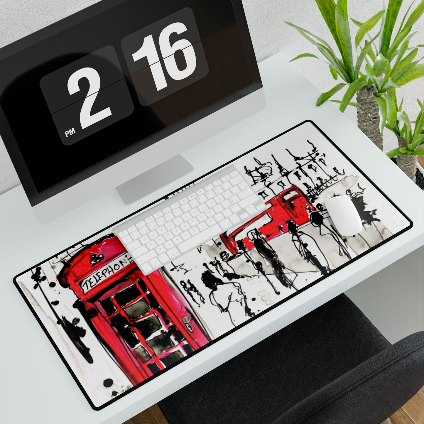 London Scene Desk Mat — Red Telephone Box & Bus Illustration Office Mouse Pad
