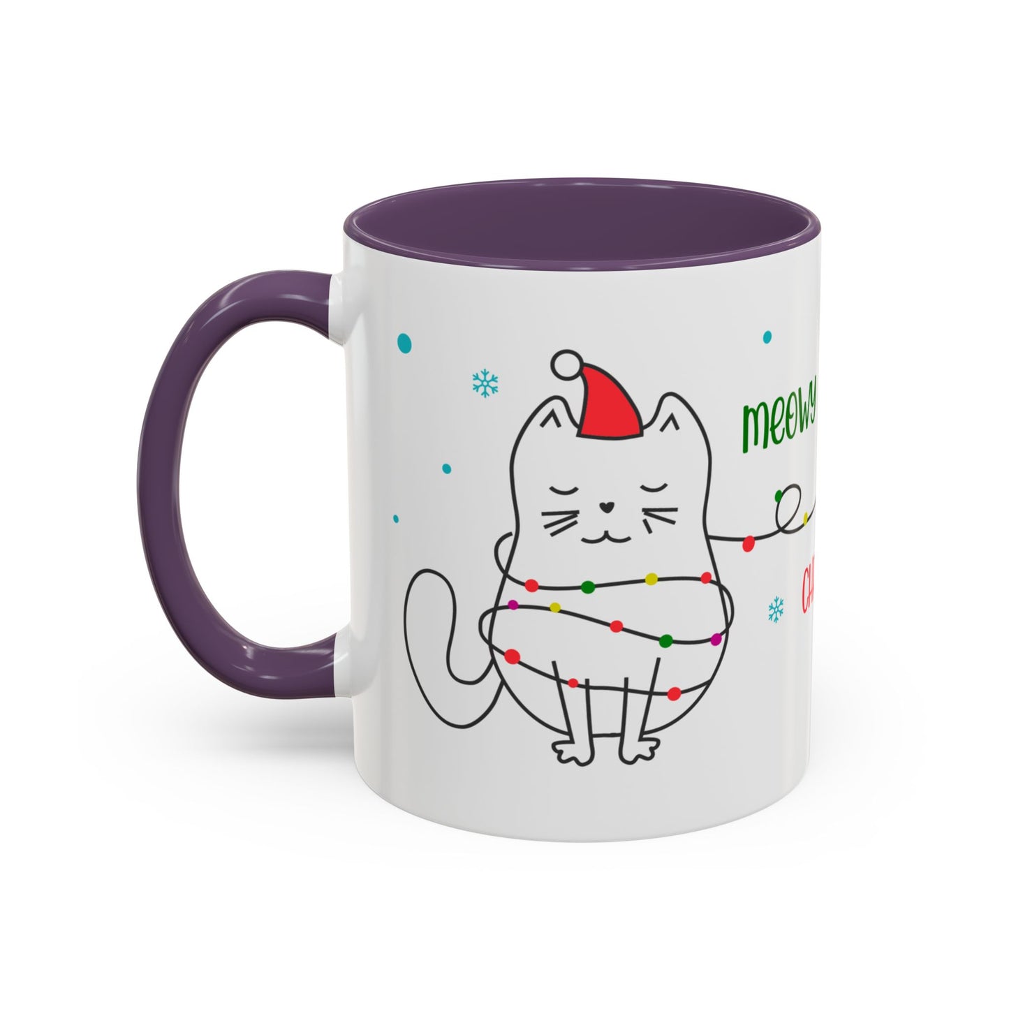 Meowy Christmas Accent Coffee Mug — Cute Cat & Decorated Tree Holiday Mug (11/15oz)