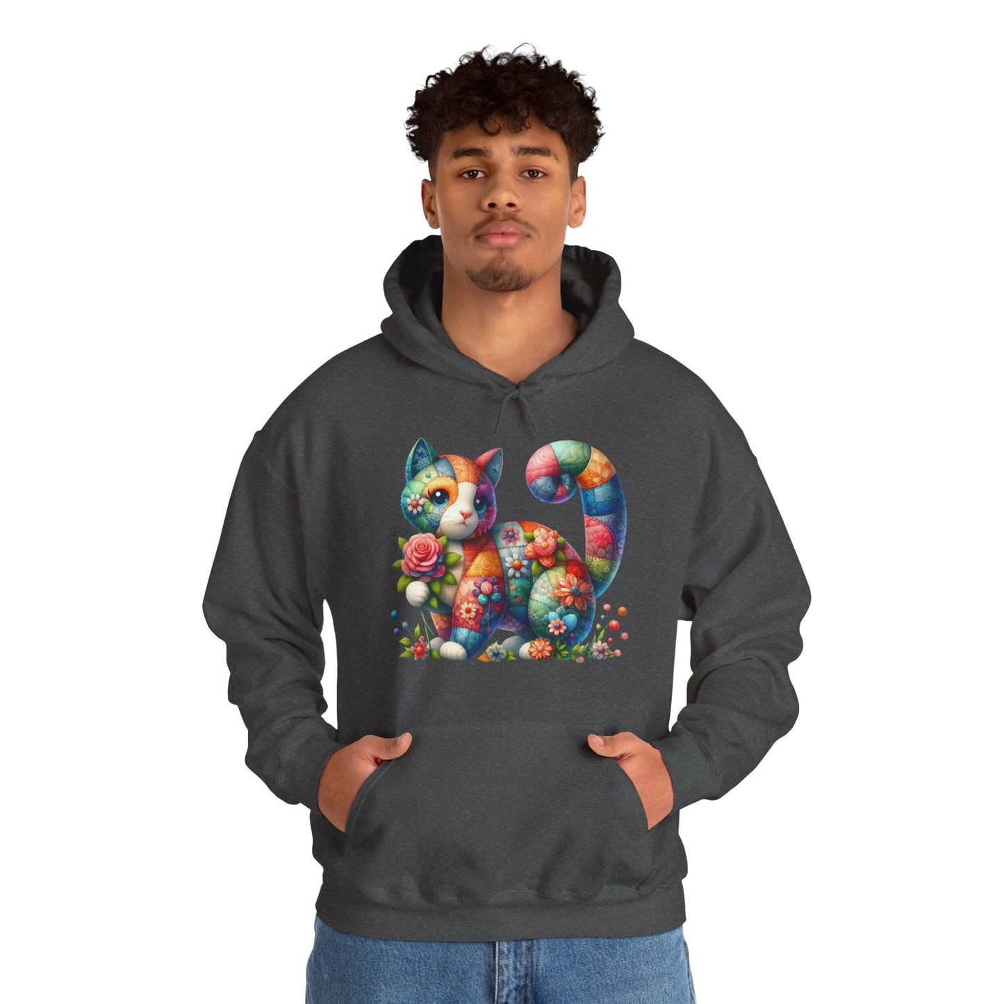 Colorful Floral Cat Hoodie – Vibrant Patchwork Kitty Sweatshirt