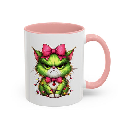 Christmas Grumpy Cat Accent Coffee Mug — Cute Green Kitty with Bow & Holiday Lights (11/15 oz)