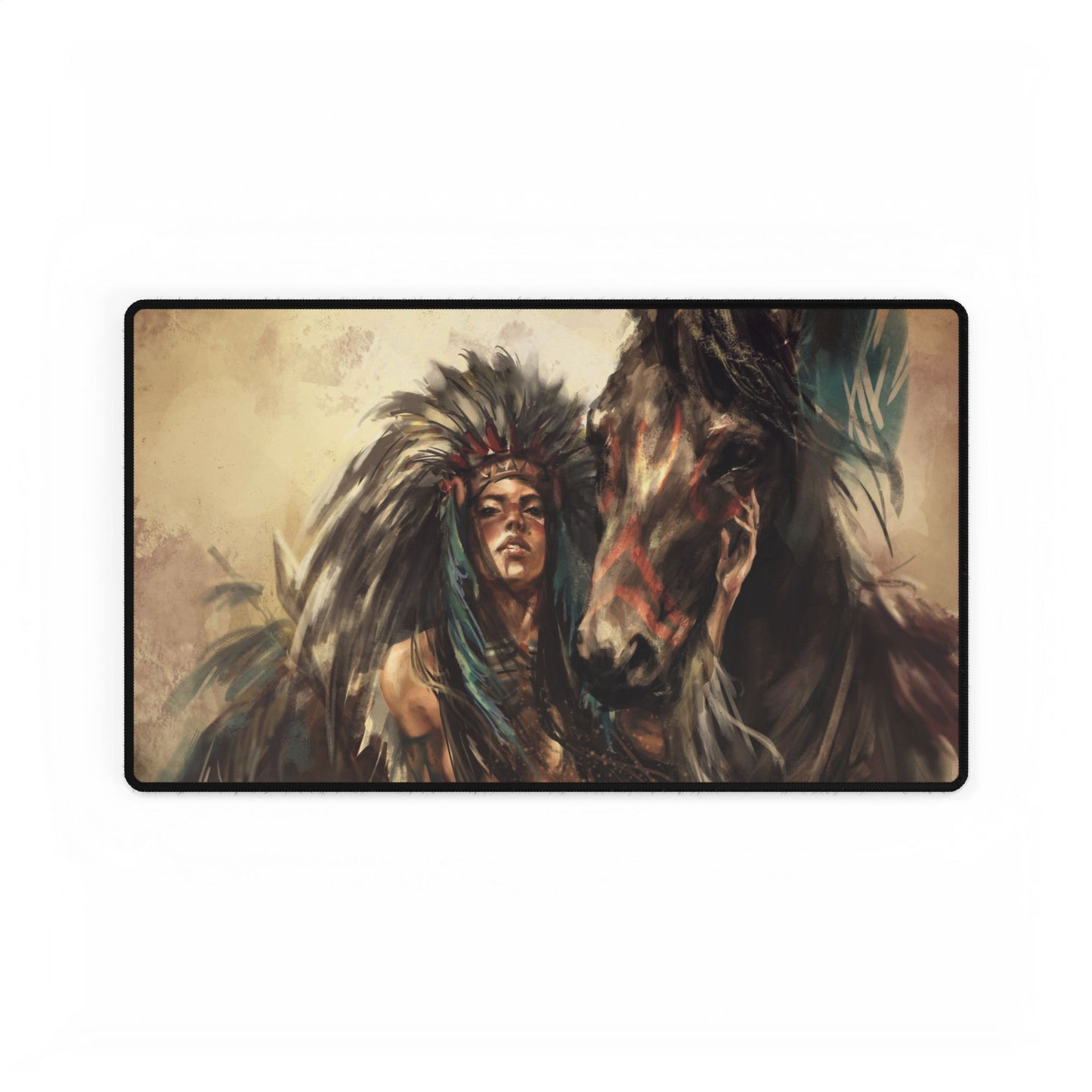 Native Spirit Horse Desk Mat — Bohemian Native American Warrior & Horse Gaming/Work Desk Pad