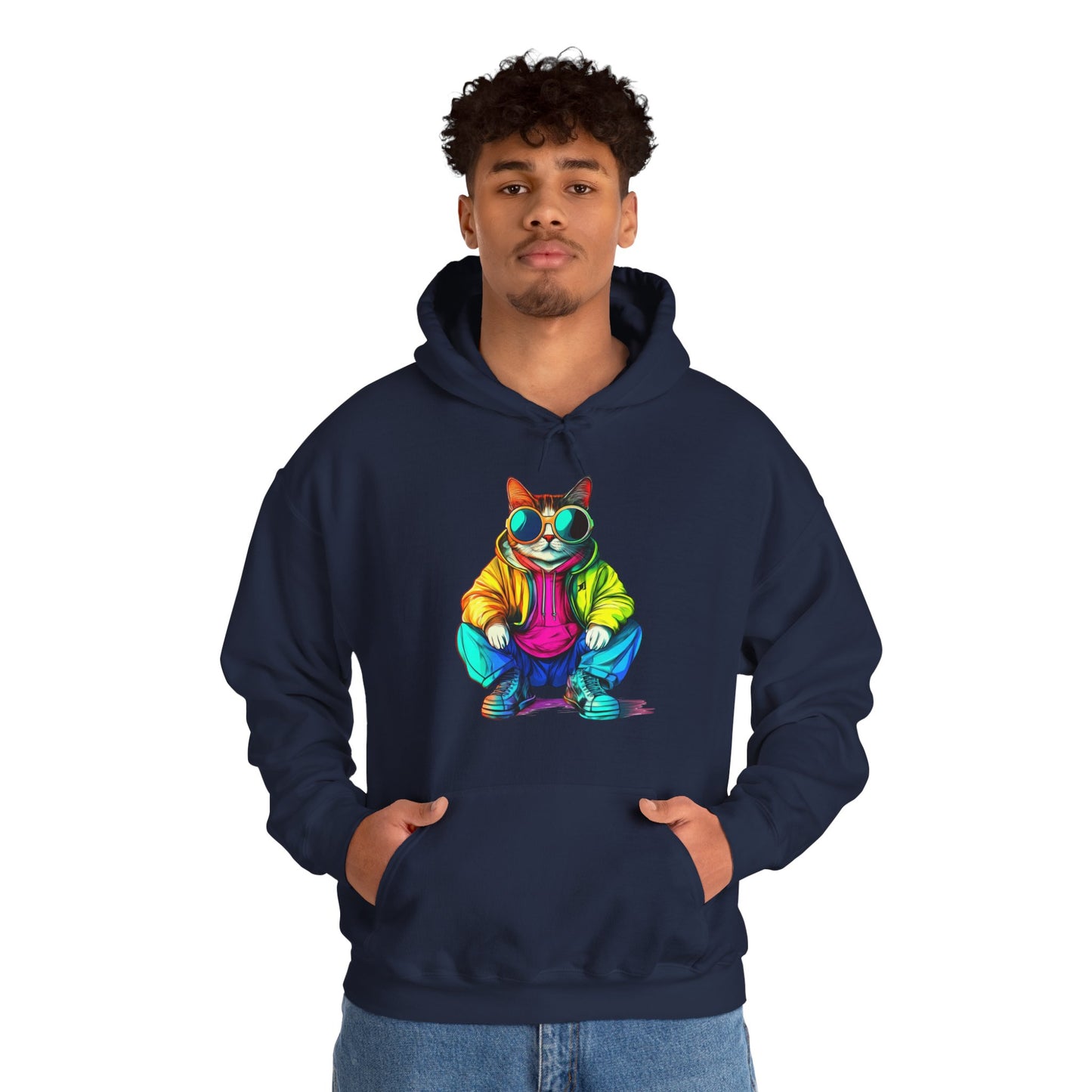 Colorful Retro Cat Hoodie — Vibrant Sunglasses Cat Pullover