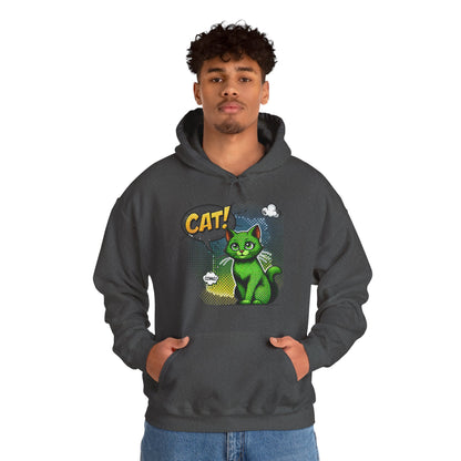 Green Comic Cat Hoodie — Retro Pop Art "CAT!" Graphic Sweatshirt