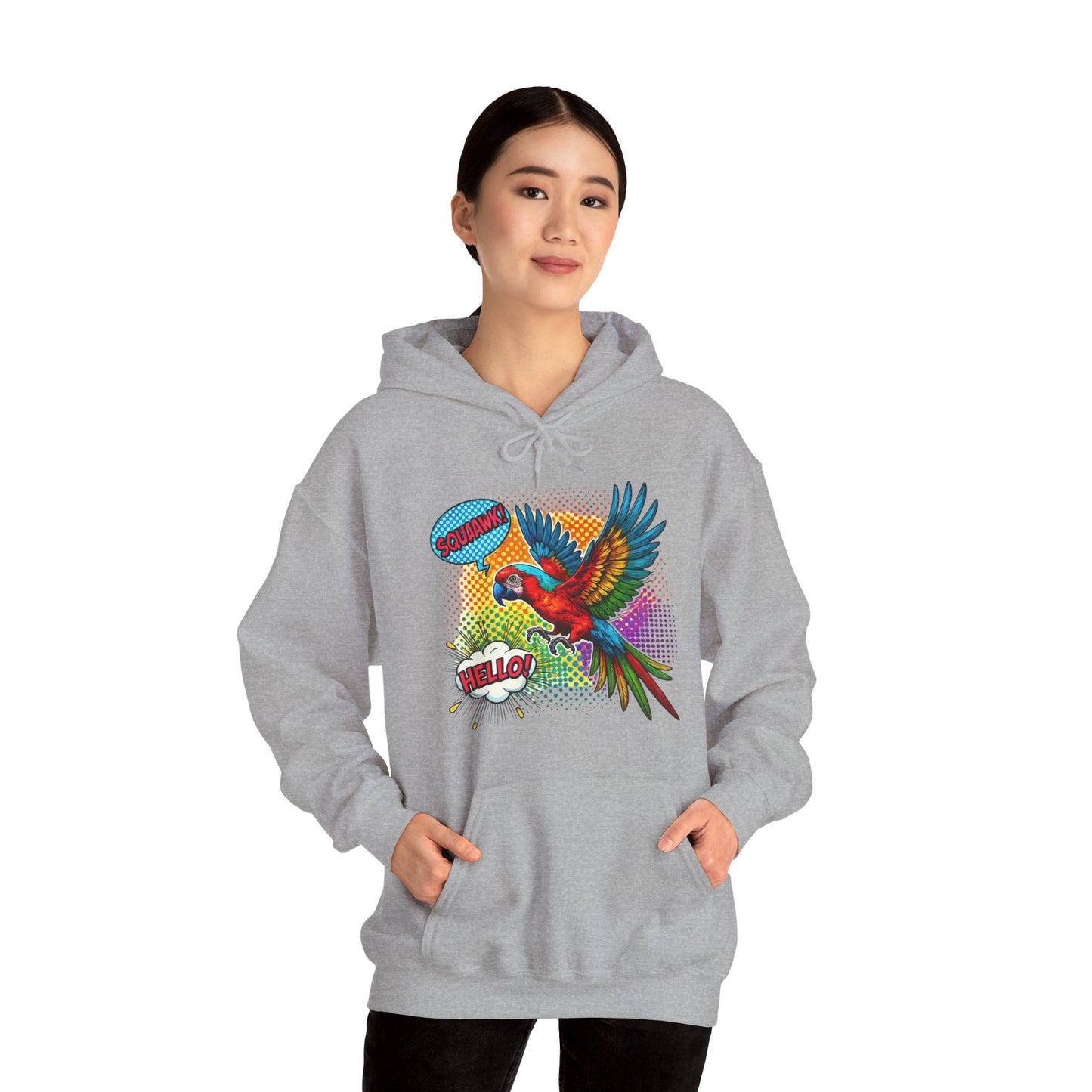 Parrot Pop Art Hoodie — Colorful Macaw 'Hello' Graphic Pullover