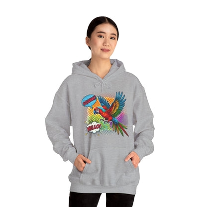 Parrot Pop Art Hoodie — Colorful Macaw 'Hello' Graphic Pullover