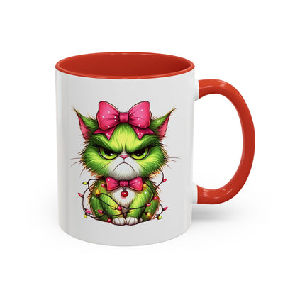 Christmas Grumpy Cat Accent Coffee Mug — Cute Green Kitty with Bow & Holiday Lights (11/15 oz)