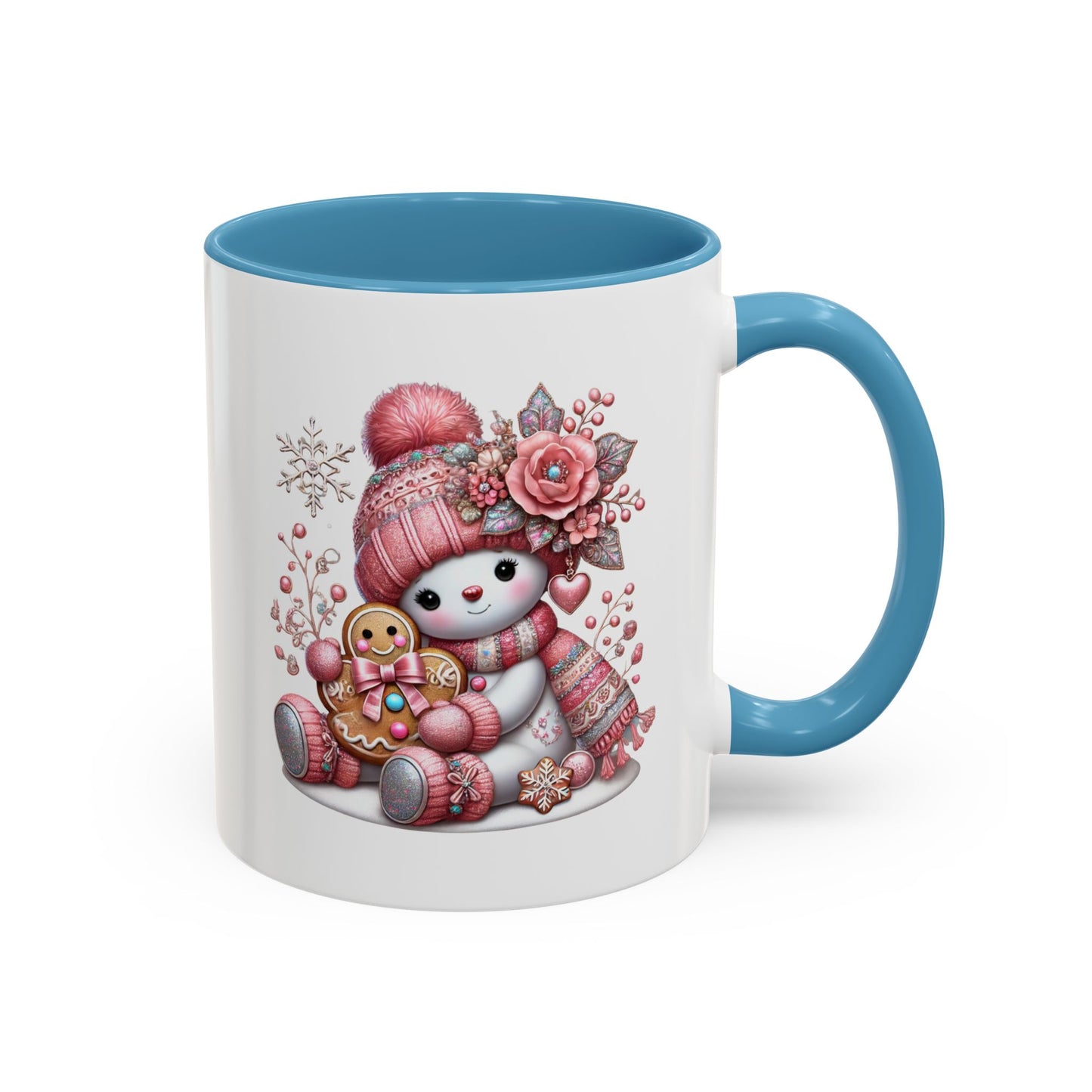 Cute Pink Snowman Coffee Mug — Holiday Winter Gingerbread Design (11/15oz)