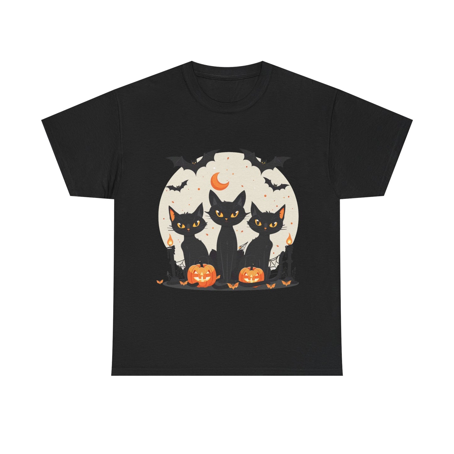 Halloween Black Cat T-Shirt – Cute Spooky Cats with Pumpkins & Bats Print
