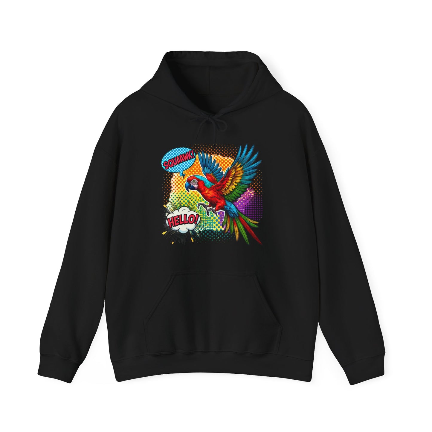 Parrot Pop Art Hoodie — Colorful Macaw 'Hello' Graphic Pullover