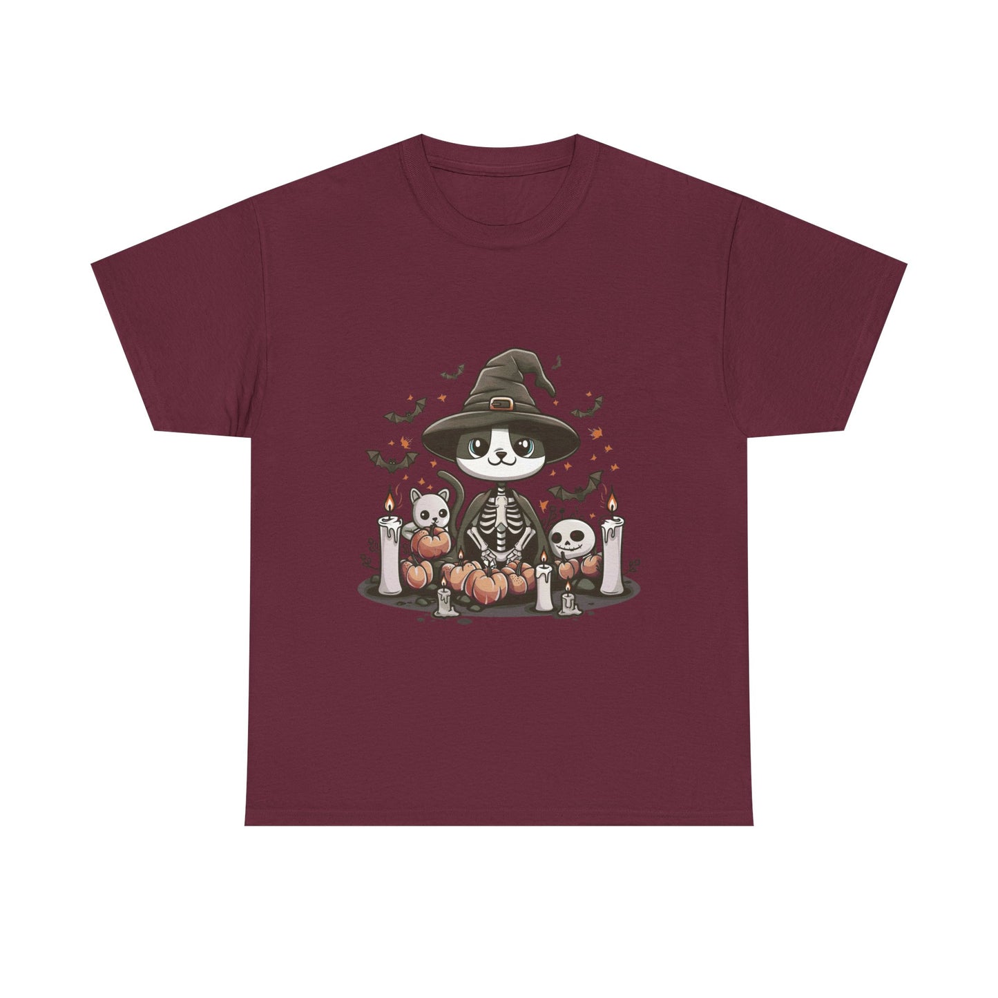 Halloween Witch Cat T-Shirt – Cute Skeleton Cat with Pumpkins & Candles