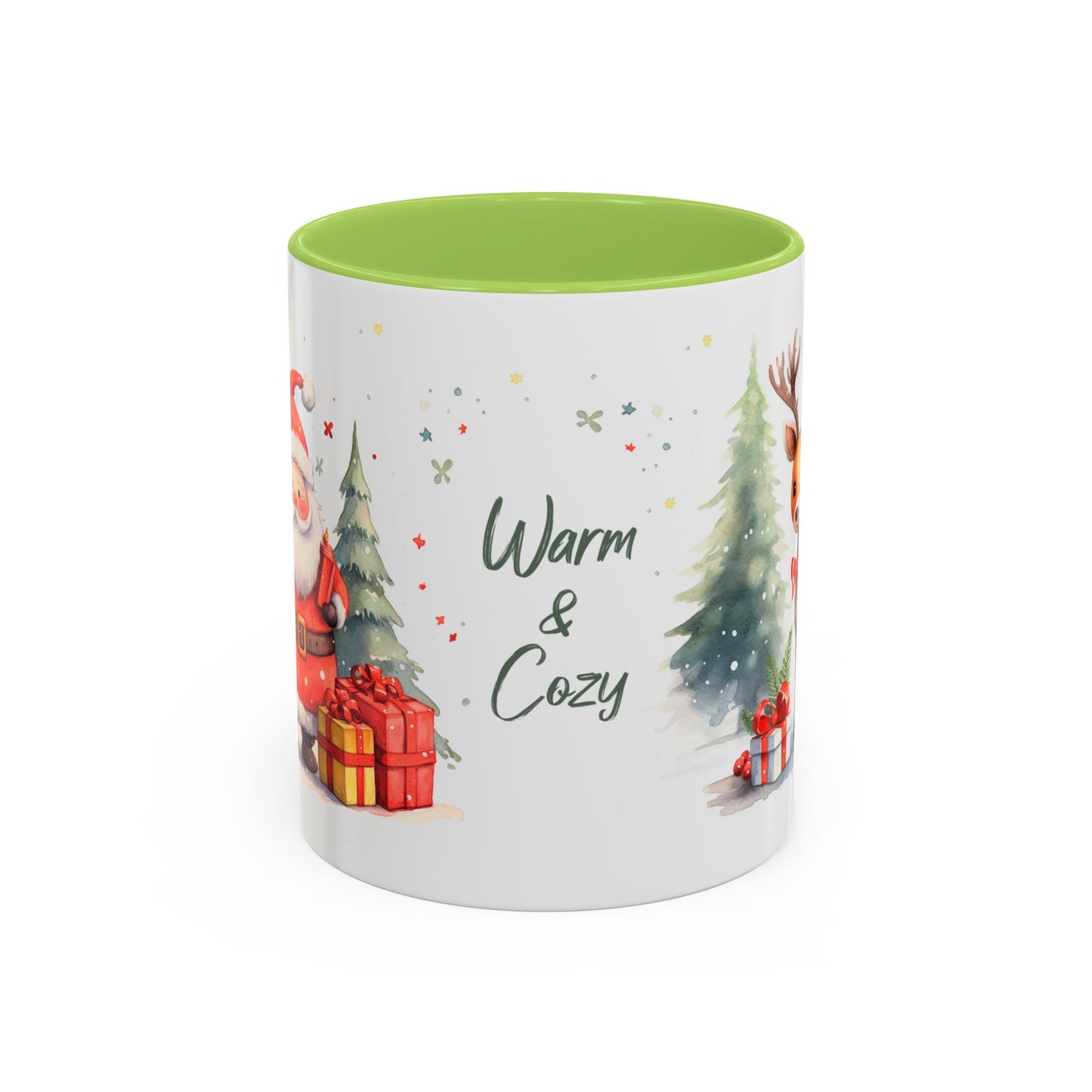 Warm & Cozy Christmas Accent Coffee Mug — Festive Santa, Reindeer & Pine Tree Holiday Drinkware