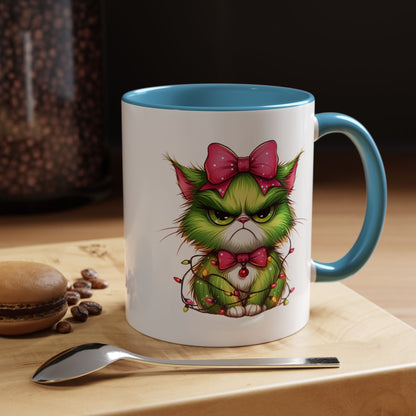 Christmas Grumpy Cat Accent Coffee Mug — Cute Green Kitty with Bow & Holiday Lights (11/15 oz)