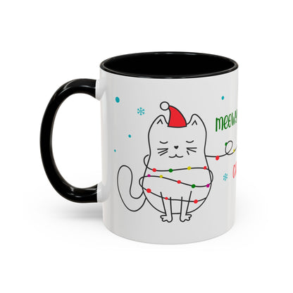 Meowy Christmas Accent Coffee Mug — Cute Cat & Decorated Tree Holiday Mug (11/15oz)